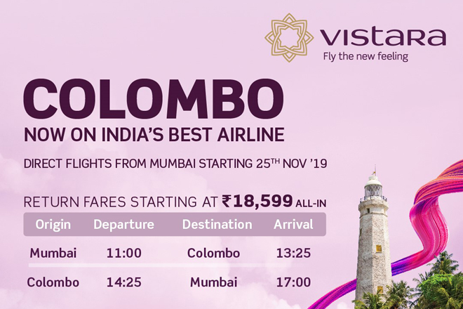 Vistara airline to launch direct flights between Mumbai & Colombo